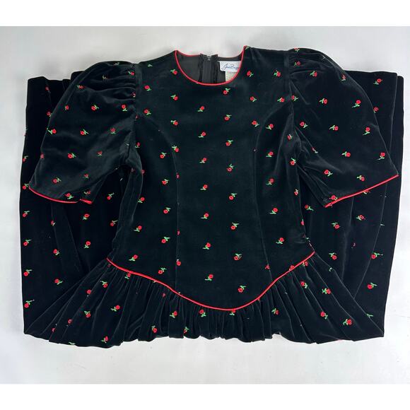 VTG Jan Briggs Size Small Medium Embroidered Roses Black Velvet Dress Retro 90s - Picture 11 of 13